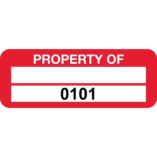 Lustre-Cal PROPERTY OF Label, Polyester Dark Red 2in x 0.75in 1 Blank Pad & Serialized 0101-0200, 100PK 253744Pe2Rd0101 - main